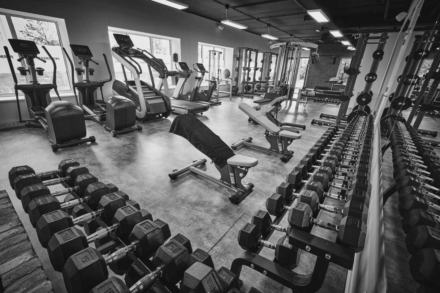 De trainingsvloer met cardiotoestellen, halterrekken en krachtapparatuur
